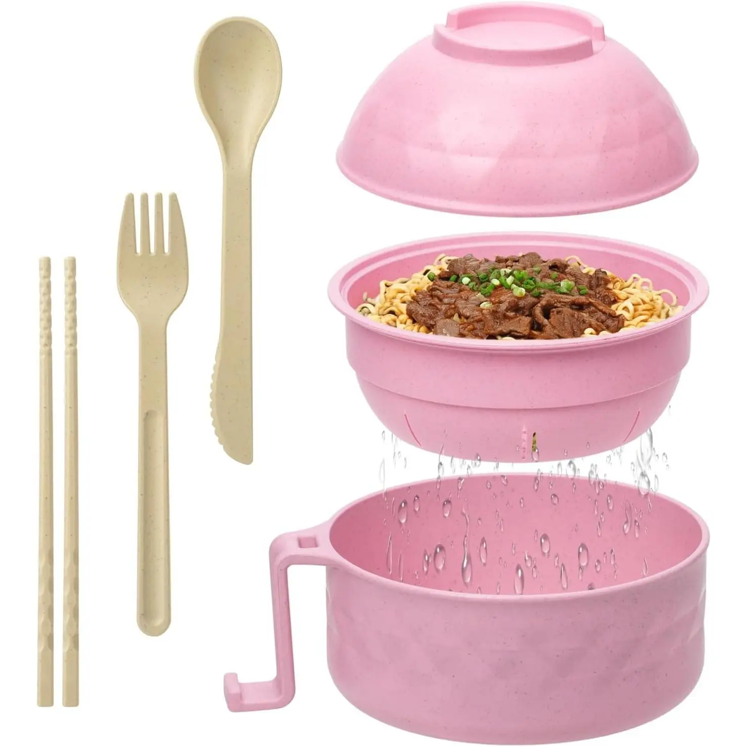 32oz Beige Ramen Cooker Set - Round Reusable Plastic Soup Bowl with Lid & Filter, Portable BPA-Free Lightweight Dishwasher-Safe Tableware for Home & Dorm, College Gift Idea Plates And Bowls Collapsible Multifunctional Bowl