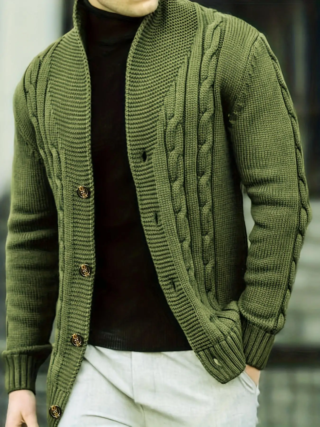 Men's Solid Button Front V Neck Cable Knit Cardigan, Regular Fit Casual Long Sleeve Cardigan Sweater for Daily Wear, Men Knitwear for All Seasons
