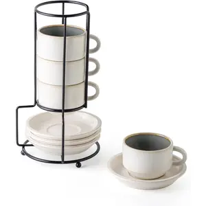 Porcelain Stackable Espresso Cups with Saucers and Metal Stand, 4 Ounce Demitasse Cups for Specialty Coffee Drinks, Cafe Mocha -Set of 4, Stackable Espresso Mugs, White & Green