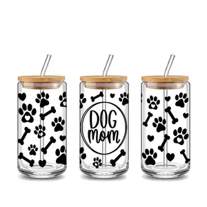 Dog Mom Paw Print & Bone Pattern 16oz Frosted Glass Can Cup with Lid and Straw, Reusable High-Quality Glass Drinking Cup for Iced Coffee, Hot Chocolate, Juice & Smoothie, Perfect Gift for Dog Lovers, Coffee Enthusiasts, Drinkware