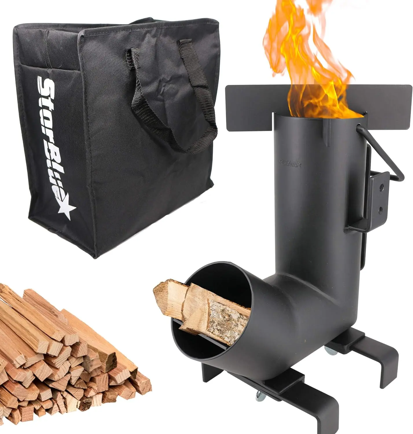 StarBlue Sturdy Stainless Steel Wood-Burning Camping Rocket Stove - 600d Carry Bag, Wide Grate Stability, Wide Pot Support, Large Fuel Chamber, Quick Flat Packing for Camping, Fishing, Picnic, Hunting Outdoor Cooking, Wood Burner
