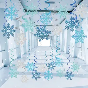 30 Pcs Snowflake Hanging Swirls Decoration, Christmas Ceiling Party Decorations, Blue Silver Snowflake Ornaments Garland for Winter Wonderland New Year Shower Birthday Party Supplies