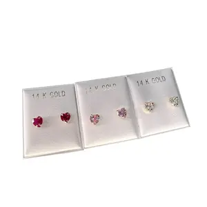 14KT Gold CZ Stone Heart Stud Earrings in White Pink & Fuchsia Set of 3 or Individual Pair Elegant Everyday Wear