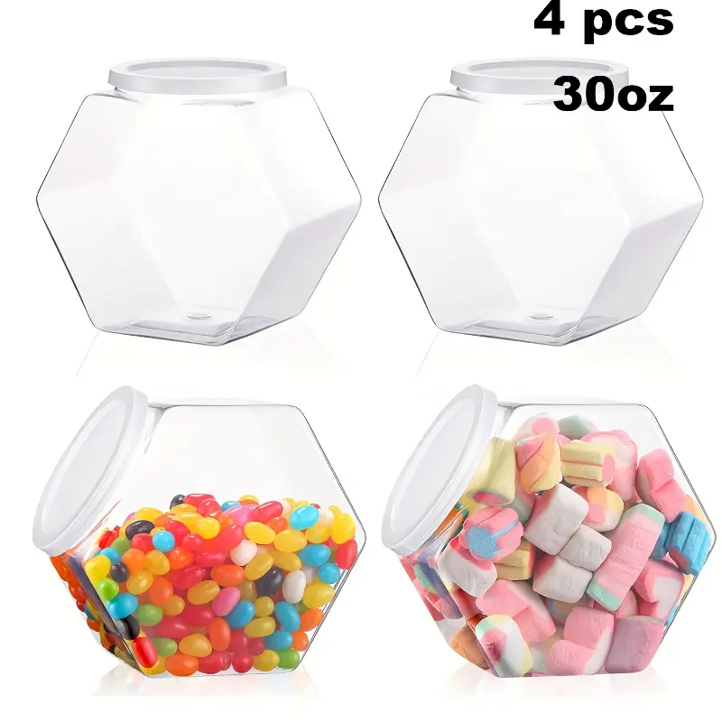 4pcs 30oz Transparent Plastic Hexagon Candy Canisters - Food-Safe Home Supplies Containers with Metal Utensil Set for Halloween, Hanukkah Home Decor