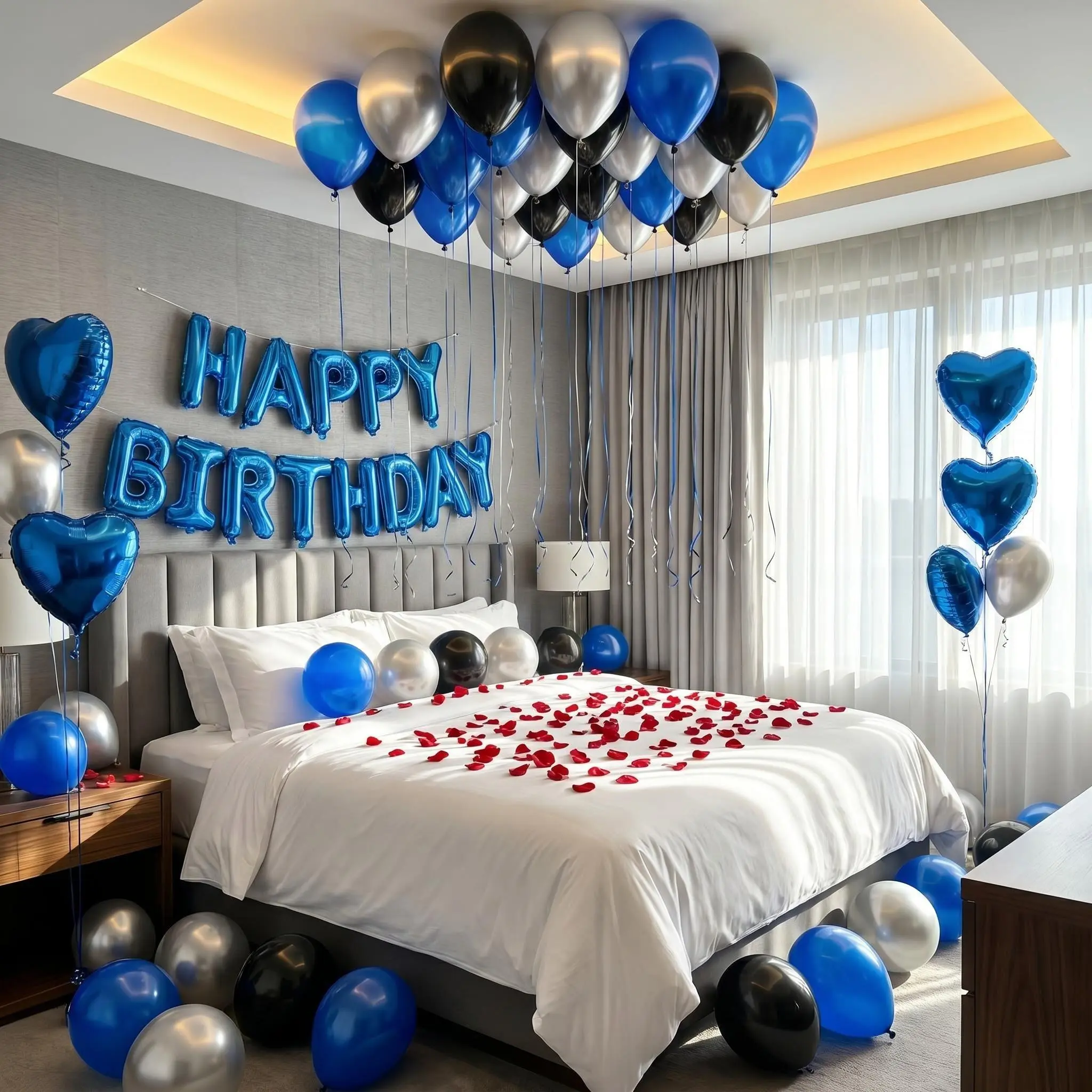 94-Pc DIY Glossy Blue Balloon Garland Kit - Bold Foil Lettering Banner, Heart Round Aluminium Balloons, Latex Pieces, DIY Felt Tree Ornaments, Adult Red Light Eye Therapy Mask | Festive Decor for Anniversary, Ceremony