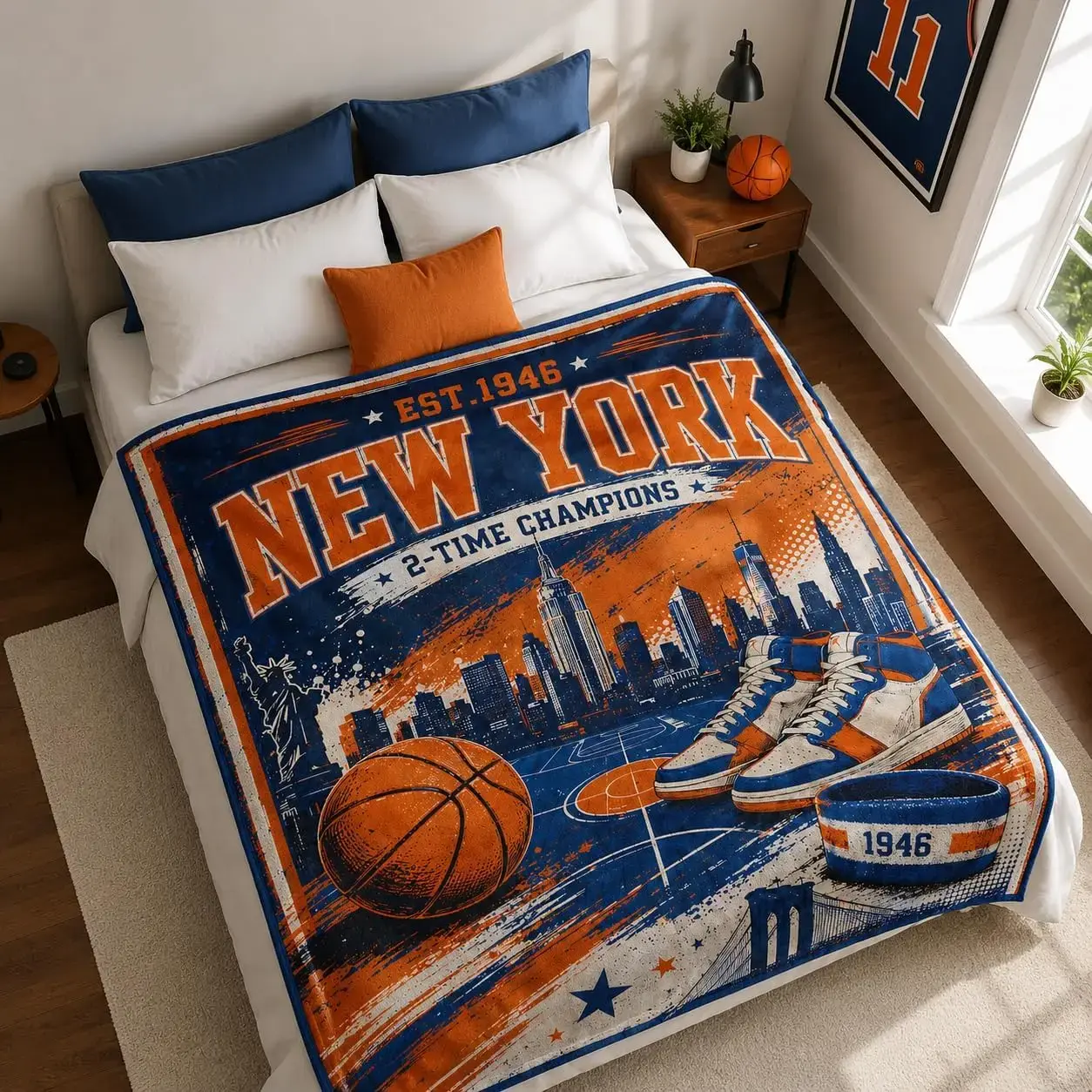 New York Basketball City Skyline Throw Blanket Sports Fleece Blanket Ultra Soft Cozy Cozy Throw Blanket for Sofa Couch Bedroom Dorm Home Decor NYC Fan Gift Basketball Lovers Urban Style Blanket