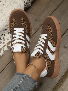 Women's Brown Leopard Print Lace - up Sneakers, Suede & Textile Upper, Retro - Inspired Style, Ideal for Daily Walking, City Commuting & Casual Occasions, Comfortable Ladies' Casual Walking Commute Footwear