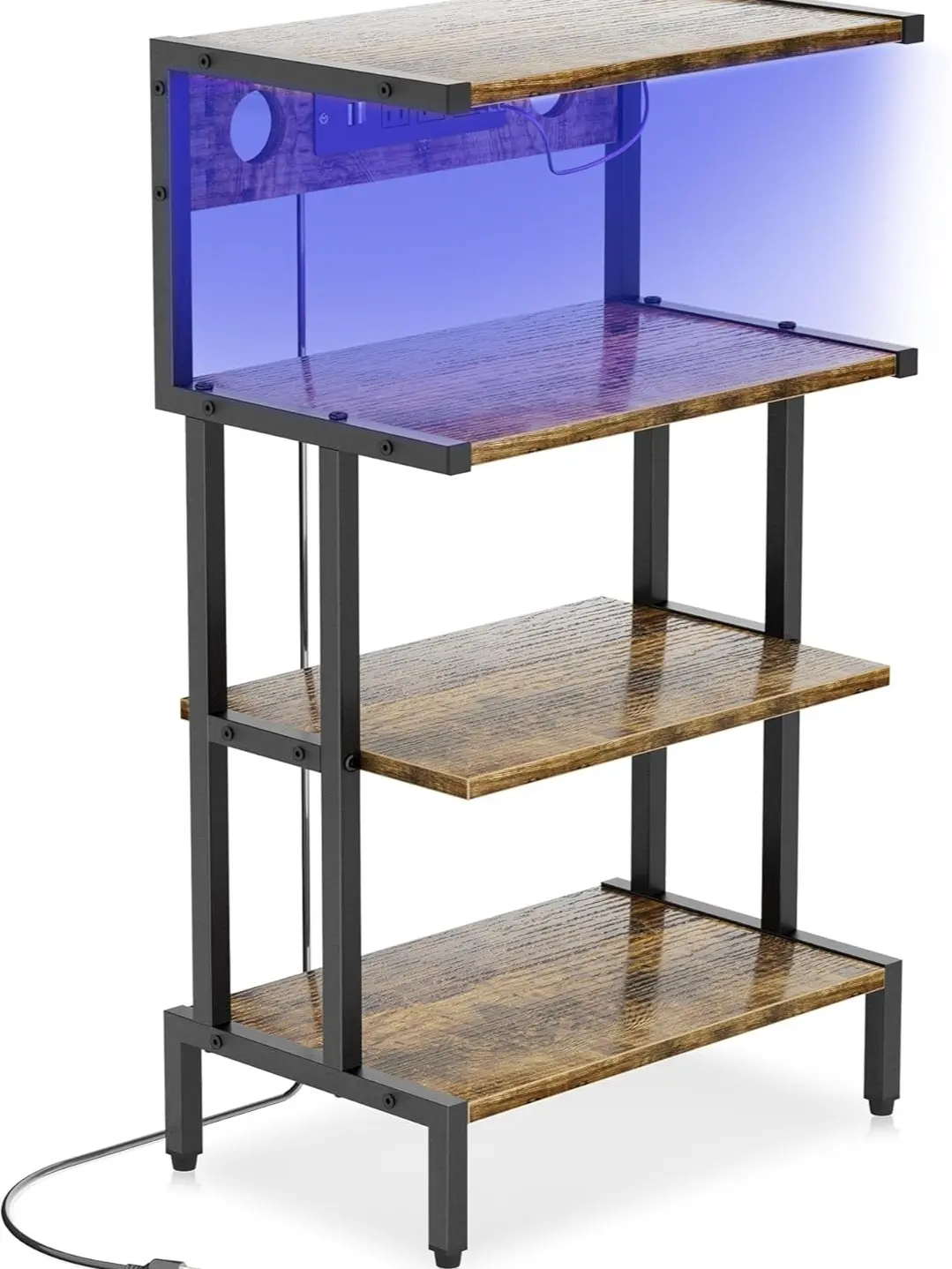 Aquzee Durable 4-Layer Engineered Wood & Iron Floor-Standing Gaming Rack - Playroom Bedroom Media Mount with Outlet, LED Lights, Stereo Storage, DVD/CD Holders for PS4, PS5, Xbox, 11.8"D x 17.6"W x 30.5"H Stable Small AV Organizer Entertainment Center