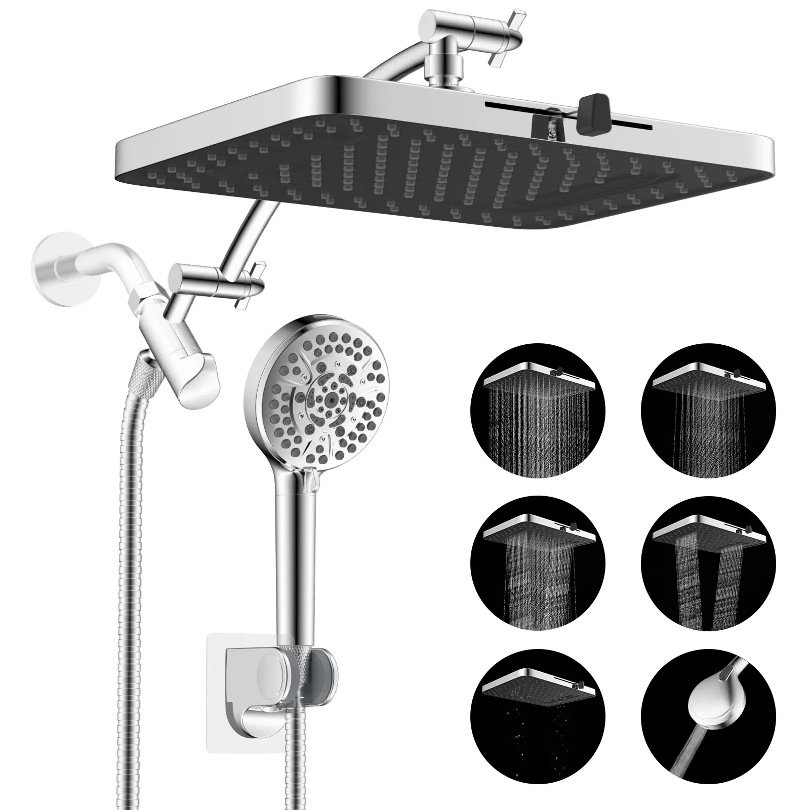 Hibbent Upgraded 5-Spray 13-in Rainfall Shower Head Combo, High-Pressure Dual Showerhead Set with 10-Mode Handheld Showerhead, 12-in Adjustable Extension Arm, 71-in Hose, Holder, Chrome Shower Accessories, Handheld Showerhead Set