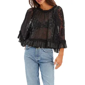Landa Women's Sexy Summer Trendy Lace T-Shirt Long Flared Sleeve Round Neck Sheer Party Tops