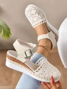 Women's Fashionable Lace Decorated Platform Sandals, Casual Comfortable Wedge Sandals for Summer, Female All-match Round Toe Shoes for Daily Wear, Girl, Minimalist Sandals, Elegant Minimalist Sandals