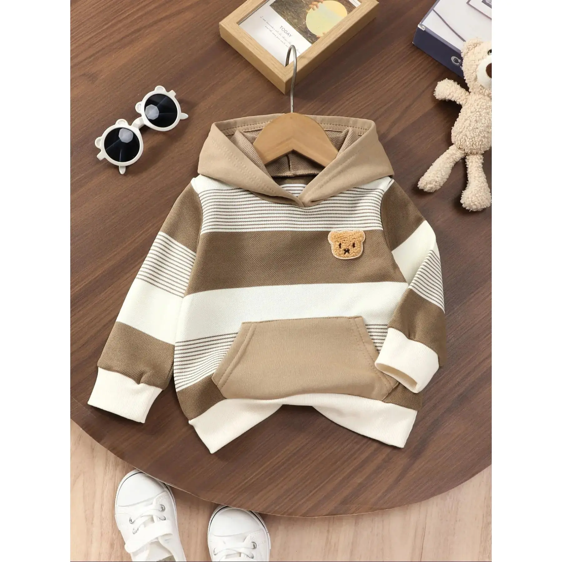 Boys' Hoodie Jumper - CPSIA Safe, Casual Fit Long Sleeve Shirt with Bear Embroidery, Striped Long Sleeves, Stripe Pattern, 6-7 Years Kids' Holiday Wear Tops, Hooded Neck