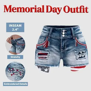 Flamingals American Flag Patched Button Fly Cut Out Denim Shorts Comfortable Jeans with Stretch Memorial Day Womenswear Outfit Summer Vibes