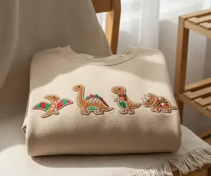 Embroidered Gingerbread Dinosaur Christmas T-shirt Sweatshirt Hoodie: Holiday Dino Crewneck