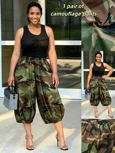 Women's Fashion Casual Camouflage Print Pants, Elastic Waist Lantern Seven-Eighths Pants, Retro Style Loose-Fitting Trousers