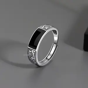 Fashion Silver Ring for Men Jewelry Black Rectangle Retro Dragon Pattern Ring Male Infex Finger Accessories Open