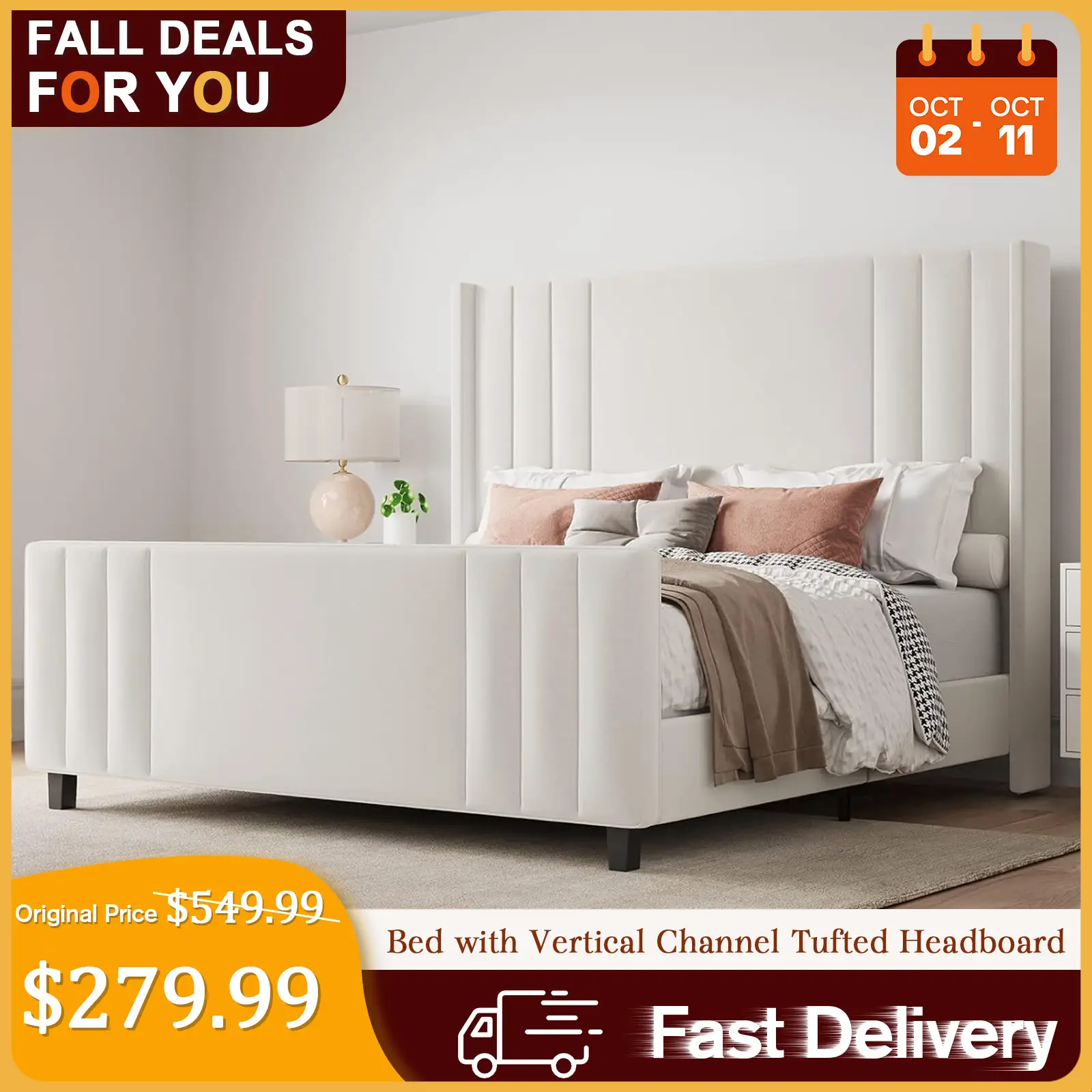 [TikTokShopfalldealsforyou] AMERLIFE Upholstered Bed with Vertical Channel Tufted Wingback Headboard & Footboard, Premium Velvet,No Box Spring Needed/