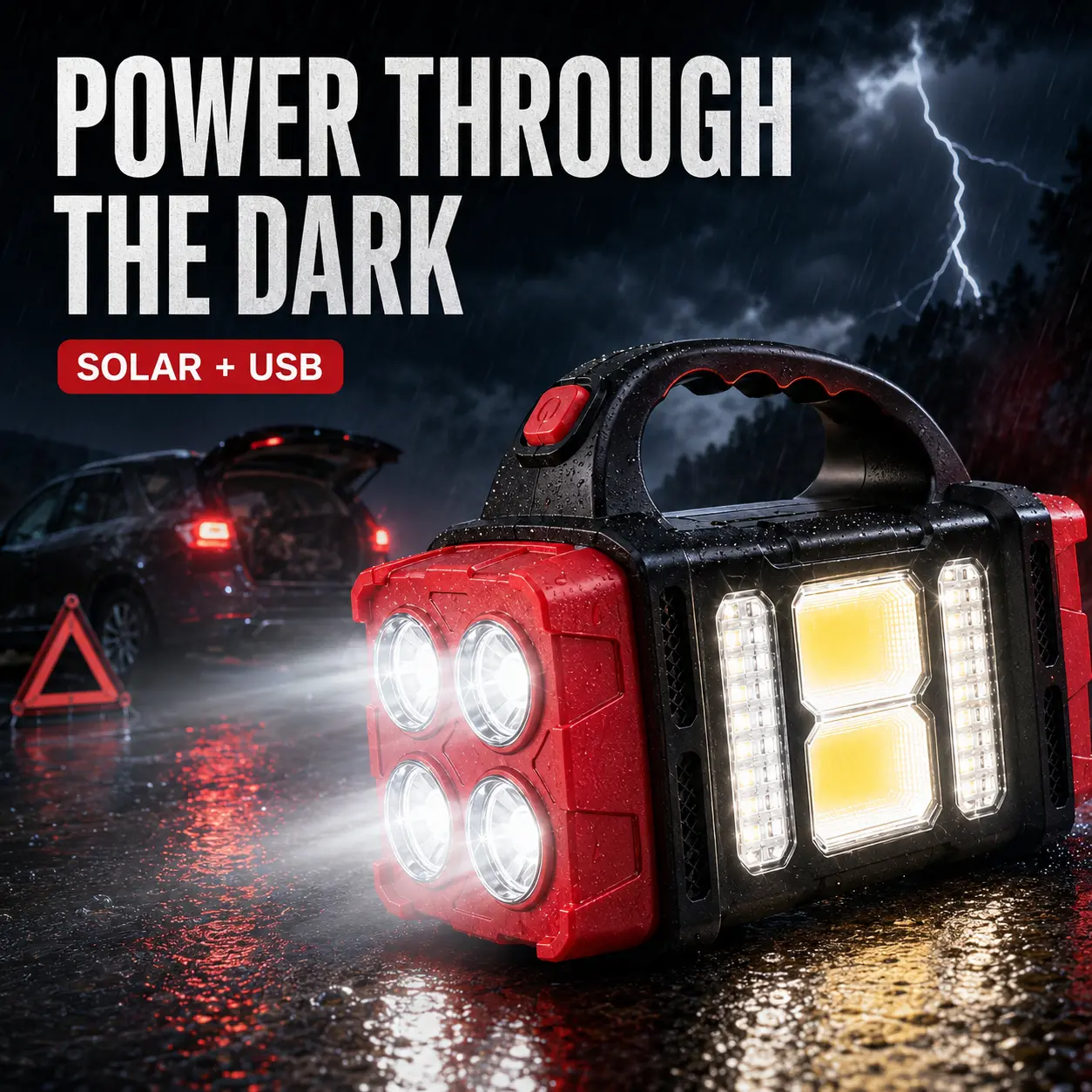 4-Way Solar Emergency Light, USB Rechargeable Portable LED Work Light with Phone Charging, Double-Sided Spotlight & COB Floodlight for Camping, Power Outages, Car Repair and Roadside Emergencies