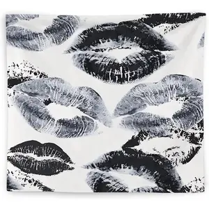 Trendy Black and White Kiss Lips Tapestry Wall Hanging, Funky Makeup Wall Decor, Fashion Aesthetic Wall Blanket Decor for Girls Room College Dorm Makeup Room Beauty Room, 50x60 Inch Flag Eilish