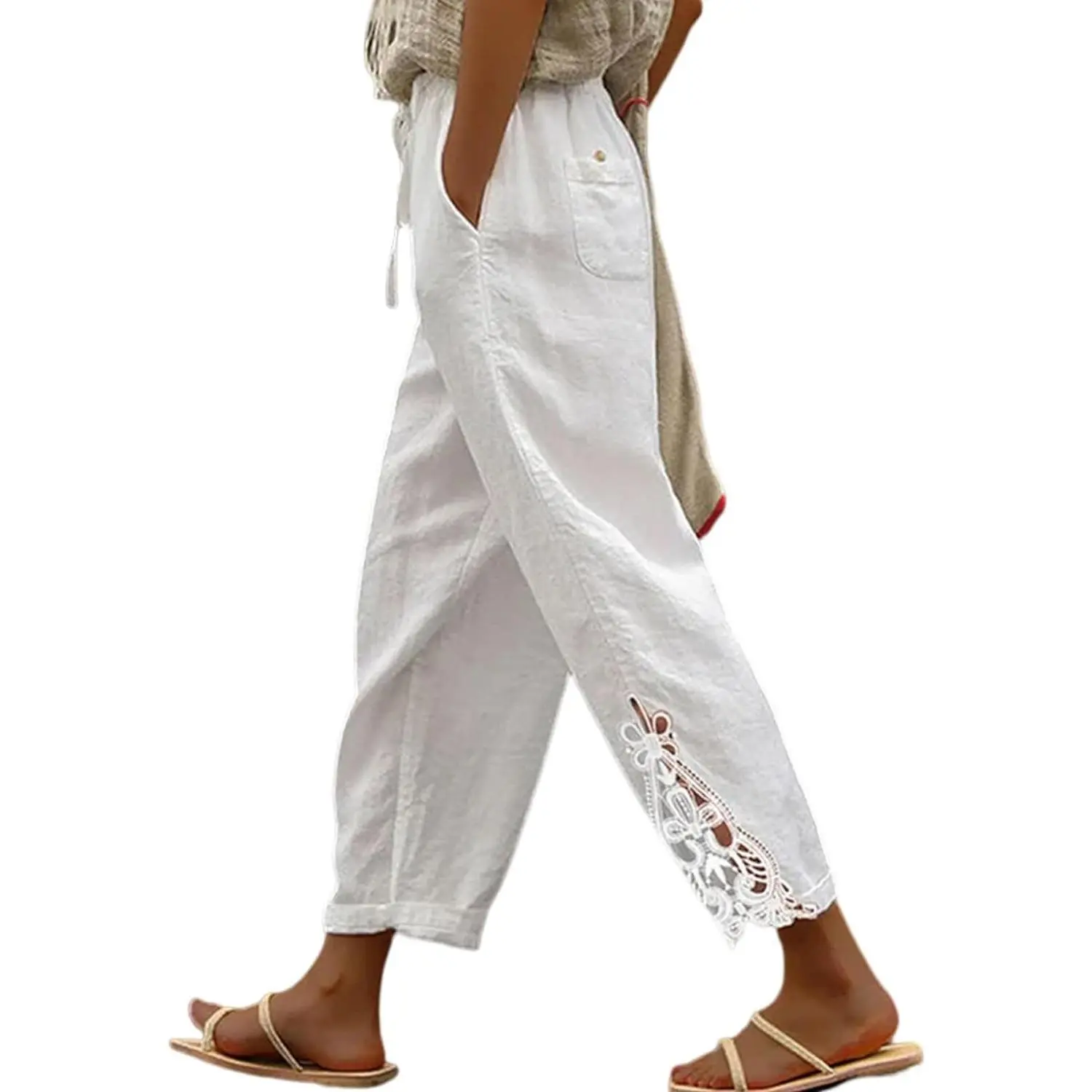 Women's Lacy Fitted Cotton-Polyester Blend Casual Capri Pants - Breathable, Drawstring Elastic Waist, Side Pockets, S-XXL Sizes, Lightweight, Minimalist Bridal Basic White Bottoms, Button Detail, Small Size Available