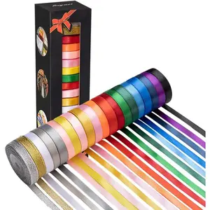 20 Colors 300 Yard Double Faced Rainbow Satin Ribbon -18 Ribbon Rolls & 2 Glitter Metallic Ribbon,3/8" X 15 Yard/Roll, for Christmas  Wrapping,Hair Bows & Other Craft Projects