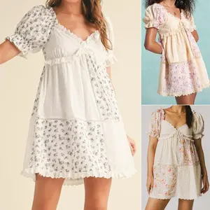 Women’s floral print maternity dress, front bow tie, ruffled trim, V-neck, short sleeves, A-line mini dress for spring/summer