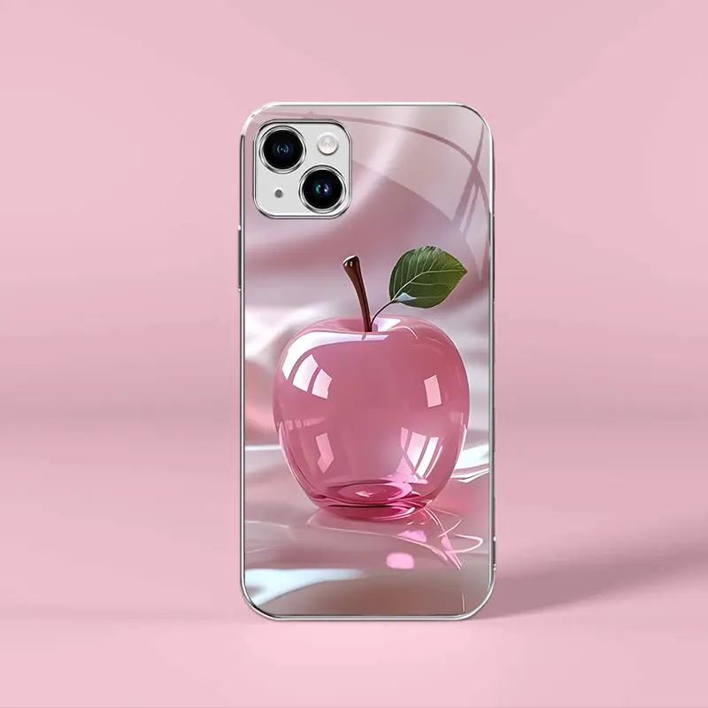 Pink Crystal Fruit Light Luxury Electroplated Glass Cover for iPhone 14 Plus, Smartphone Protection Casing, Premium Mobile Phone Accessories-975