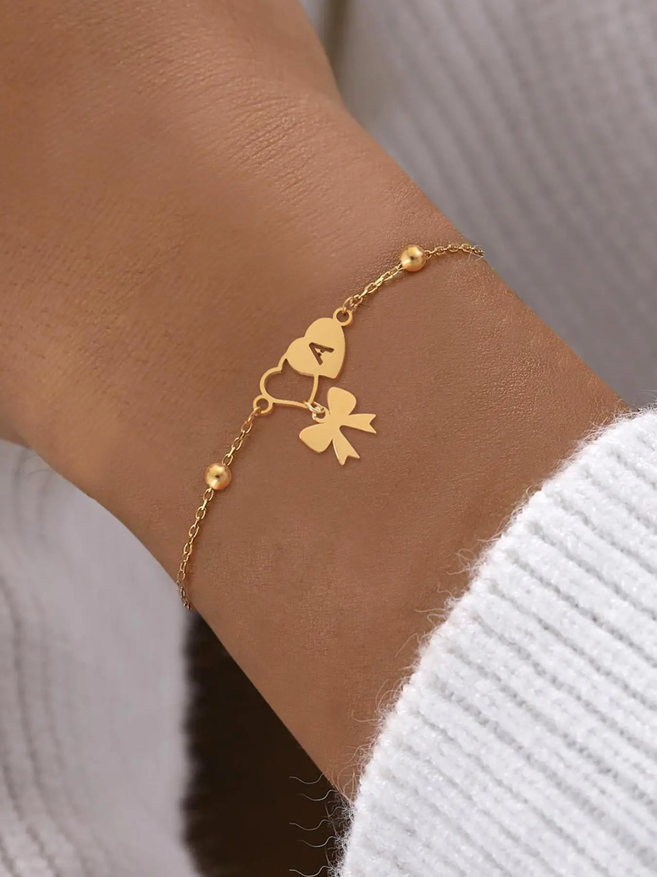 Bowknot & Double Heart Design Initial Bracelet, Stainless Steel Bead Chain Bracelet for Women, Fashionable Bracelet, Stackable Bracelet, Fashion Jewelry for Party, Daily Decor, Trendy All-match & Exquisite Jewelry for Birthday Gift