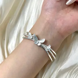 S999 Sterling Silver Butterfly Bangle for Women, Elegant Triple Butterfly Open Cuff Bracelet, Adjustable Artistic Animal Jewelry, Nature-Inspired Keepsake Gift for Birthday & Anniversary
