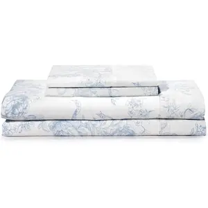 100% Cotton Printed Queen Sheets Set (White Floral) 4 Piece - Percale Bed Sheets for Queen Size Bed - Deep Fits 16" Mattress - Cooling & Breathable Sheets Set