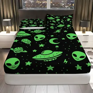 3Pcs Alien Spaceship Star Fitted sheet Three Piece Set (1*Fitted Sheet+2*Pillowcases, Coreless), Halloween theme, Space Design Bedding Set, Mattress protector Soft, Breathable Sheets Bedset