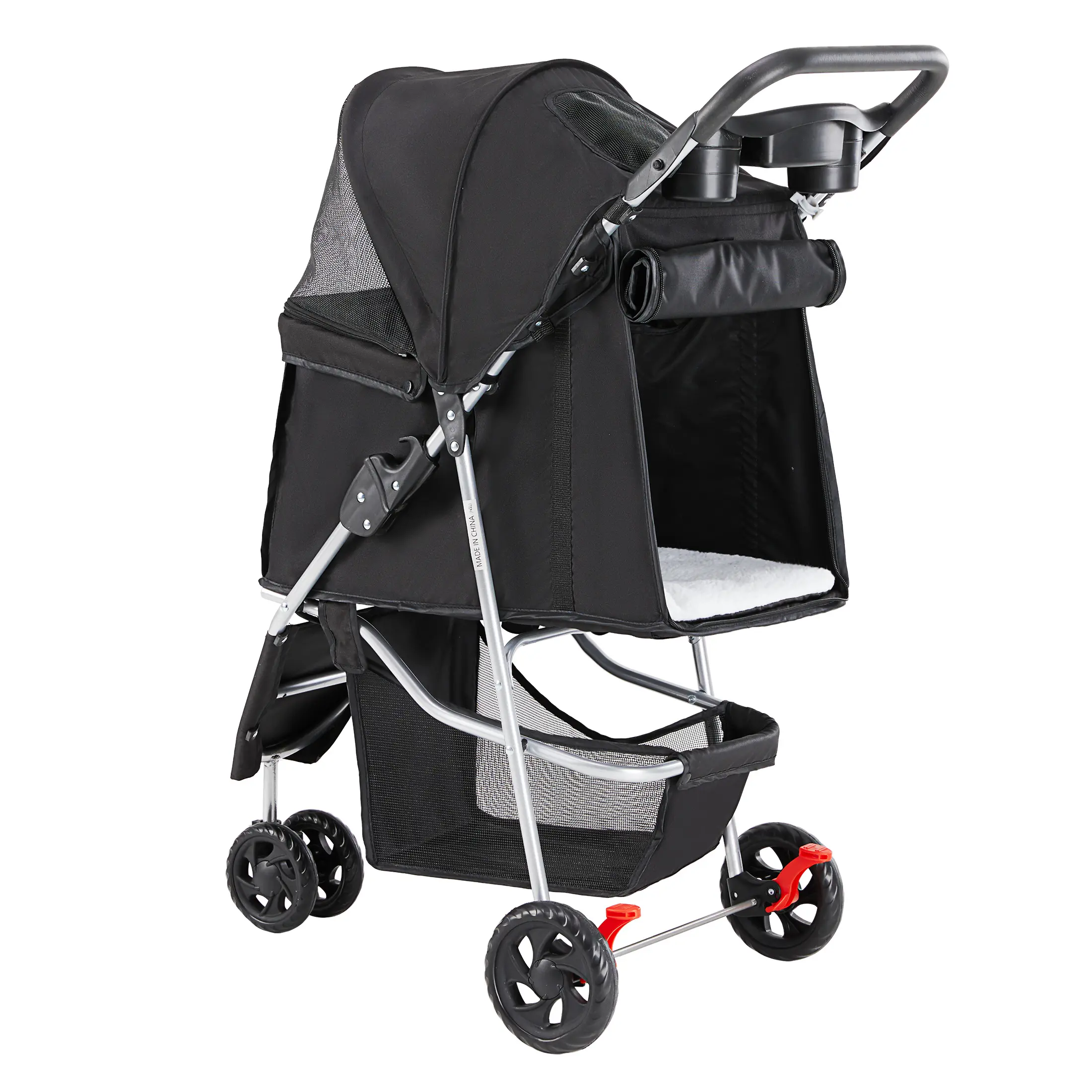 Foldable Lightweight Pet Stroller for Small to Medium Dogs & Cats, with Lockable Front Wheels, Safety Leash, Storage Basket & Cup Holders, Breathable Mesh - Easy One-Hand Fold for Travel, Walking, Jogging, Shopping