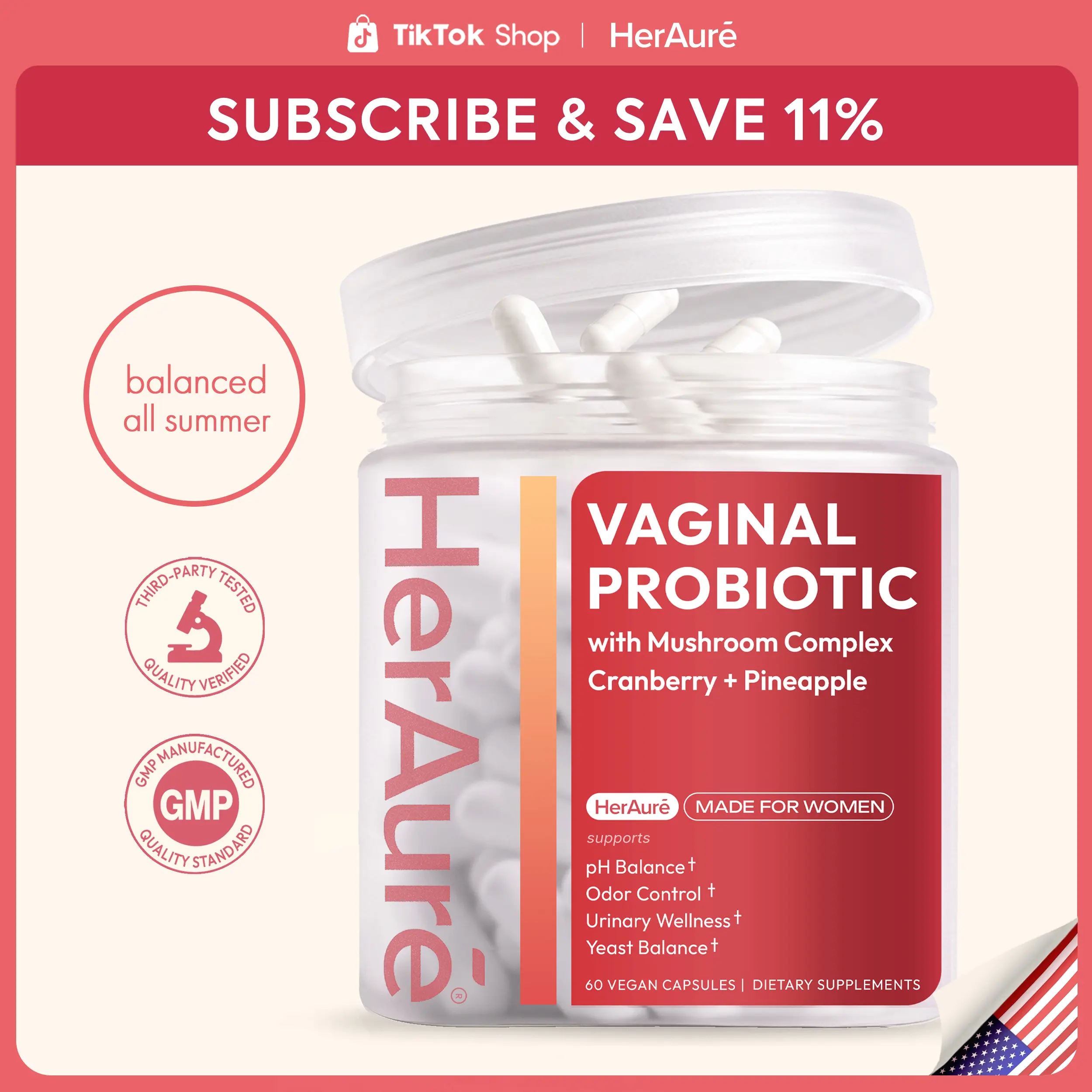 HerAuré Women’s Probiotics - pH Balance, Odor Control, Flora Health - 7 Billion CFU Probiotic, Prebiotic, 7-in-1 Mushroom Blend, Cranberry, Pineapple - 60 Capsules, Self-Care Gift, beach essentials, Deals For You Days，G