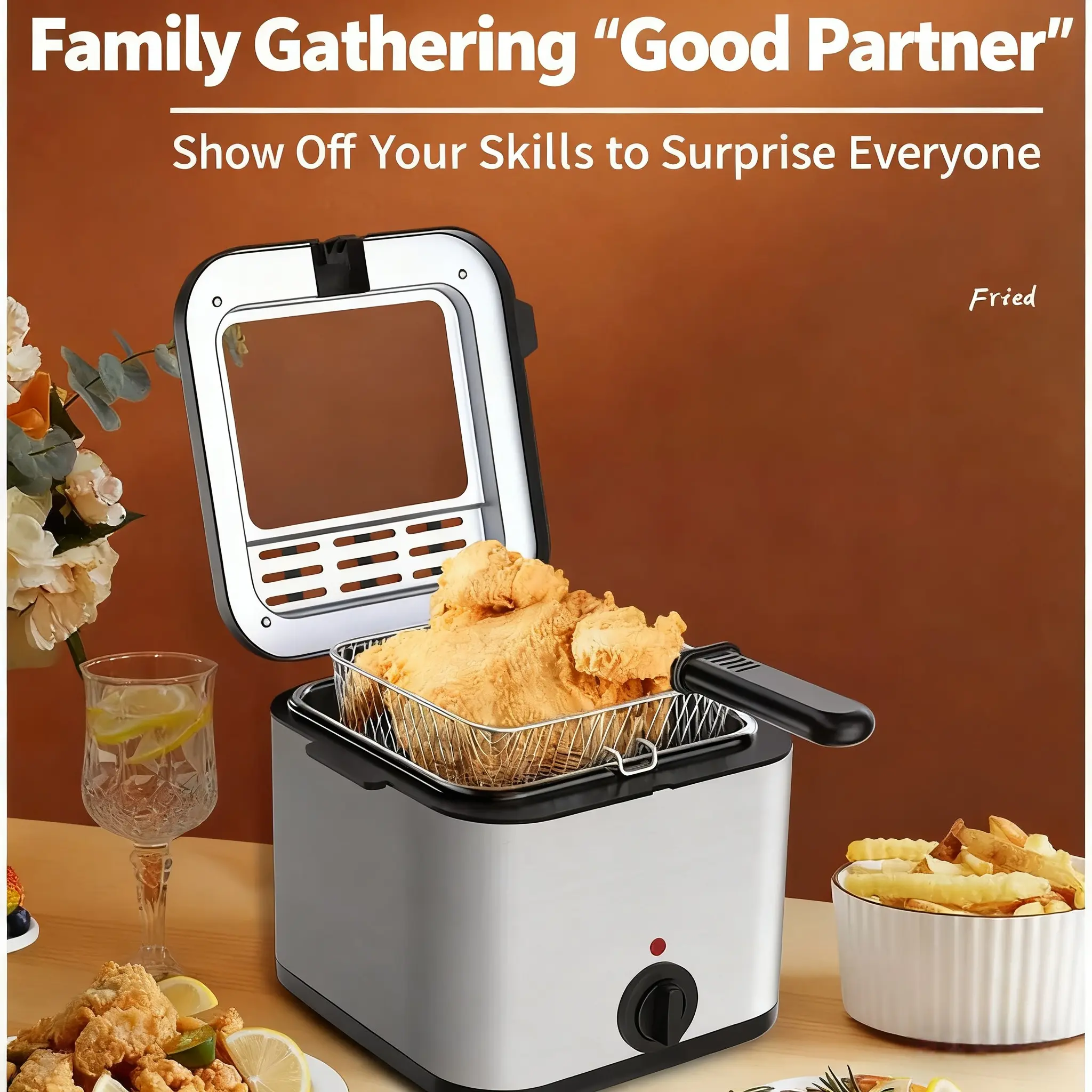 1000W 110V US Plug Round Electric Deep Fryer - Single 1* Deep Fryer with 1* Stainless Steel Easy-Clean Detachable Basket, 2.64QT Large Capacity, Quick Heating, Modern Tabletop Kitchen Appliances for Chicken Fries (No Temperature Display)