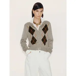URBAN REVIVO 2026 Spring Women's Knitwear - Long-Sleeve Collared Argyle 2-Tone Geometric Amber Shimmer Jacquard Cardigan, Medium Length, Normal Fit, Polyester-Mix, Aesthetic Multi-Size Casual Top, Collared Women's Cardigans