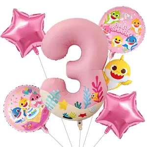 PartyWoo Baby Shark Pink Foil Number 3 Balloon 5pcs 40 18 Inch Pink Round Star Mylar Helium Birthday Balloons for Boys and Girls Baby Shark Under the Sea Ocean Kids Third Birthday Party Decorations