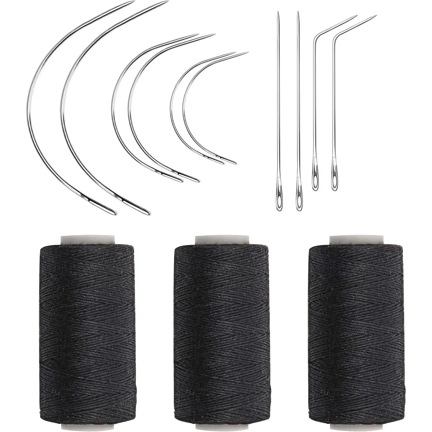 Weaving  Combo Deal Black Thread with 10 count  for Making Wig Sewing Hair Weft Hair Weave Extension, Big Medium and Small C J Shape Curved  I  (3 Thread Black + 10 )