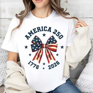 America 250 Stars And Stripes Bow Print T Shirt White Crew Neck Casual Top For Independence Day Celebration