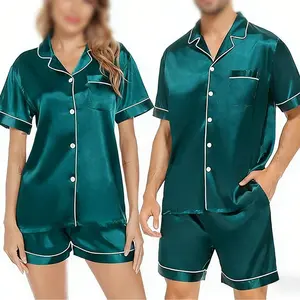 Women's & Men's Matching Satin Pajama Set, Short Sleeve Lounge Wear, Comfortable Couple Nightwear for Valentine's Day, Anniversary, Homewear
