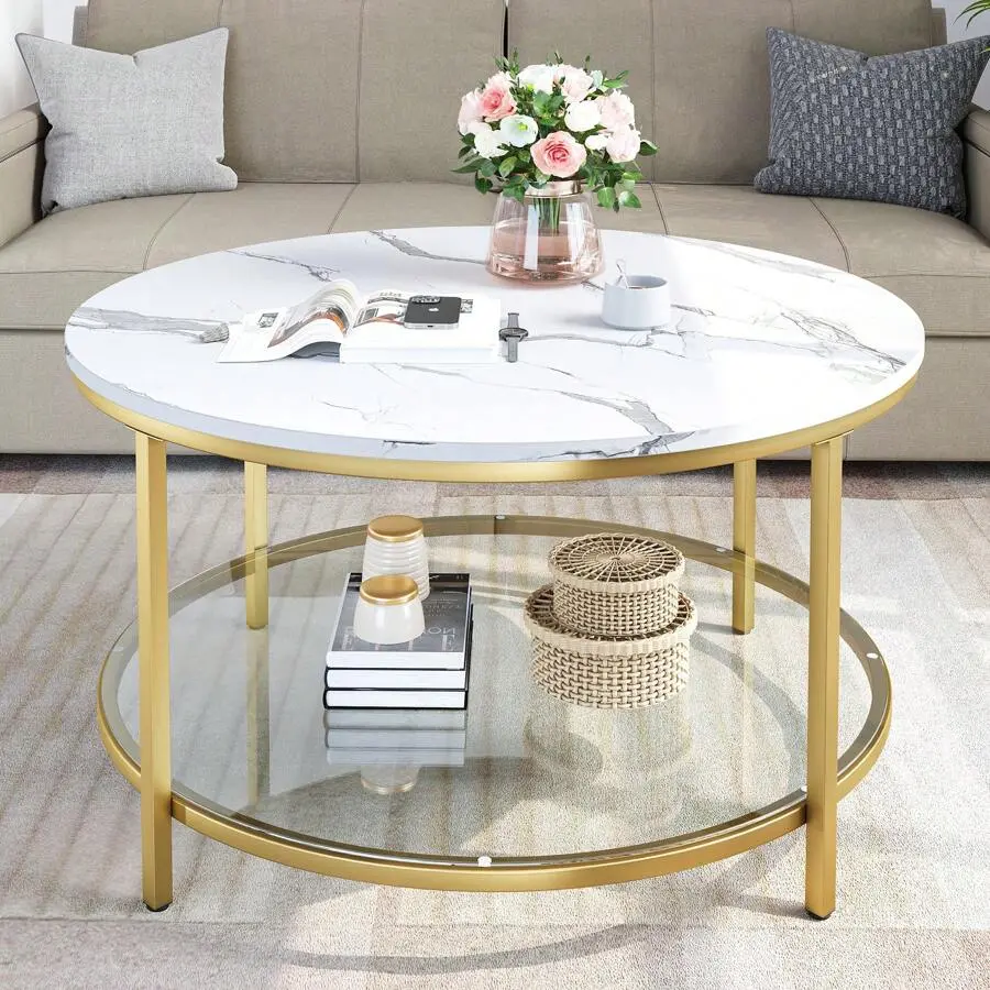 Mid-Century 2-Tier Round Faux Marble Coffee Table, Tempered Glass Shelf, Metal Frame, Easy Setup Modern Living Room Center Cocktail Table