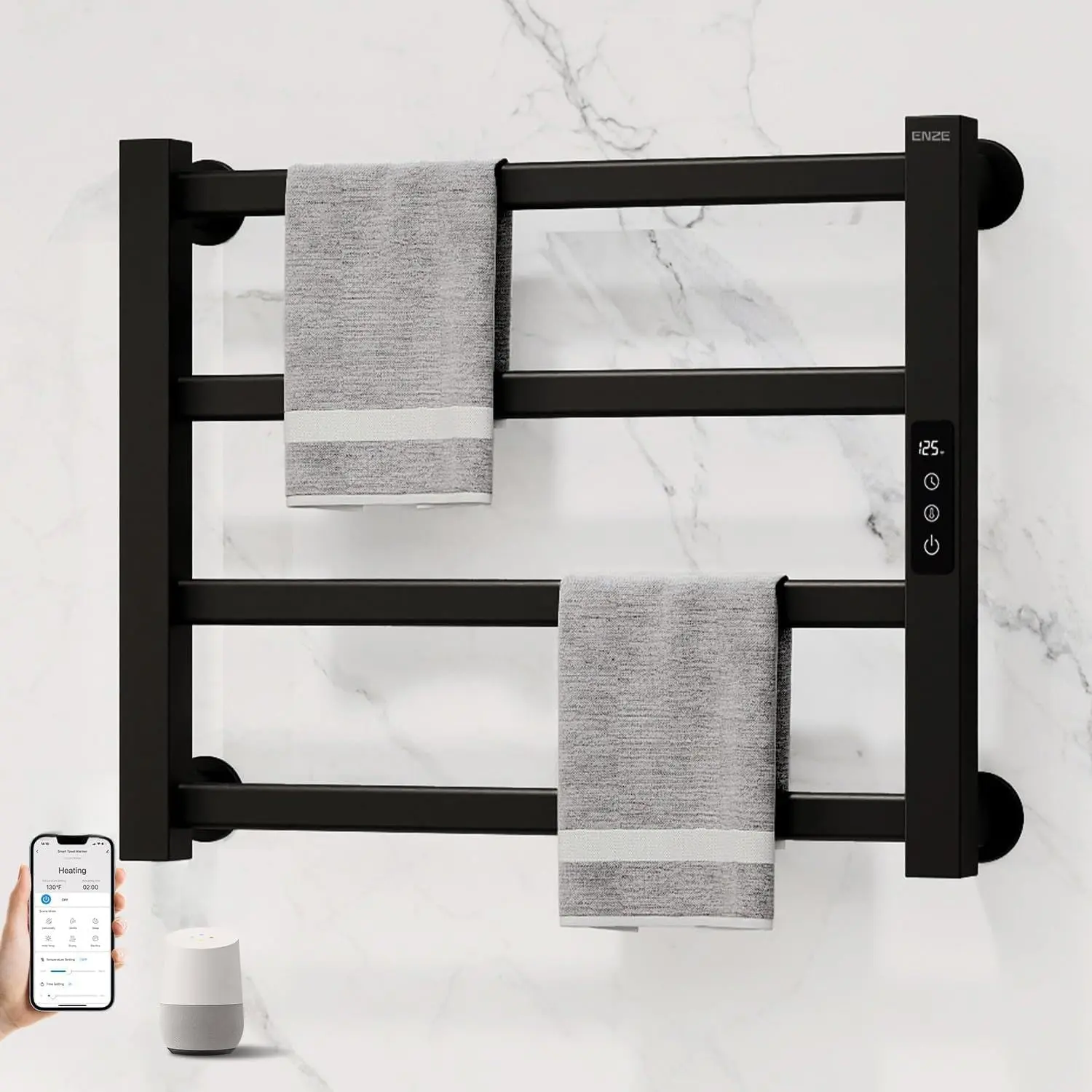 ENZE Matte Black Smart Heated Bath Towel Rack - 4-Bar Metallic Wall-Mounted Electric Towel Warmer for Bathrooms, 115W, Wi-Fi App & Voice Control, LED Touch Screen, Adjustable Temperature, 24H Timer, IPX5 Waterproof, Plug-in/Hardwired, Heats Textiles