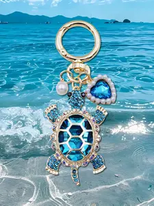 Trendy Cute Keychain, Faux Rhinestones Sea-Turtle Charm Keychain with Faux Pearl & Heart Design Ocean-Themed Turtle Keychain Decor for Valentines Day, Turtle Keyring Ornaments Gift for Men Women, Backpack Purse Accessories Car Pendant