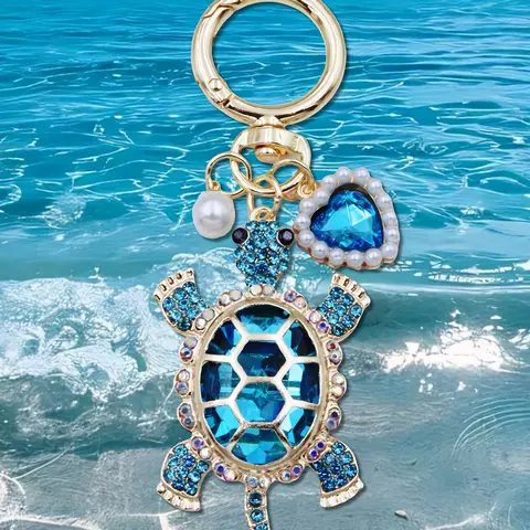 Faux Rhinestones Sea-Turtle Charm Keychain, Stylish Keychain, Keychain Jewelry, with Faux Pearl &Heart Design Decor for Valentines Day, Turtle Keyring Ornaments Gift for Men Women, Backpack Purse Accessories Car Pendant