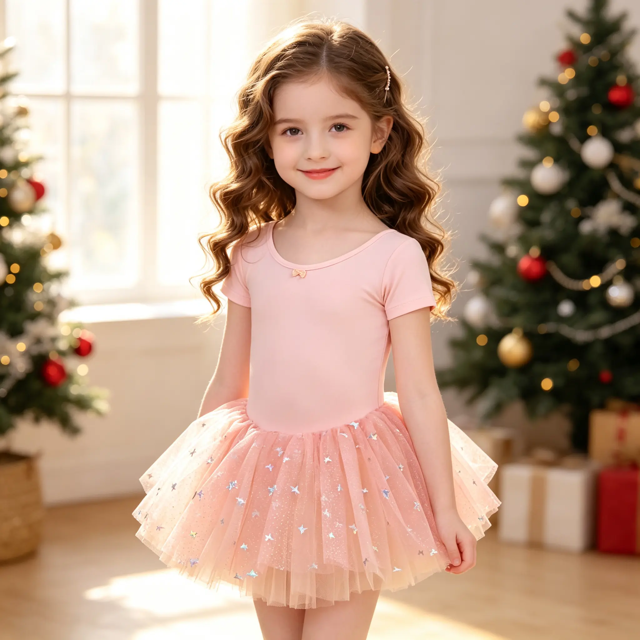 Pink Short Sleeve Ballet Tutu Dress Girls Holographic Star Sequin Tulle Skirt Kids Stage Recital Dance Competition Performance Costume
