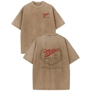 Holafish Acid Wash  Miller High Life Champagne Beer Front And Back Graphic Print,DTG Process Unisex Loose-Fitting T-shirt, Washed Casual Top (100% Cotton, 280g), Smooth Fabric, Minimalist Style, Street Style, Classic T-shirt, Makes a Great Gift.
