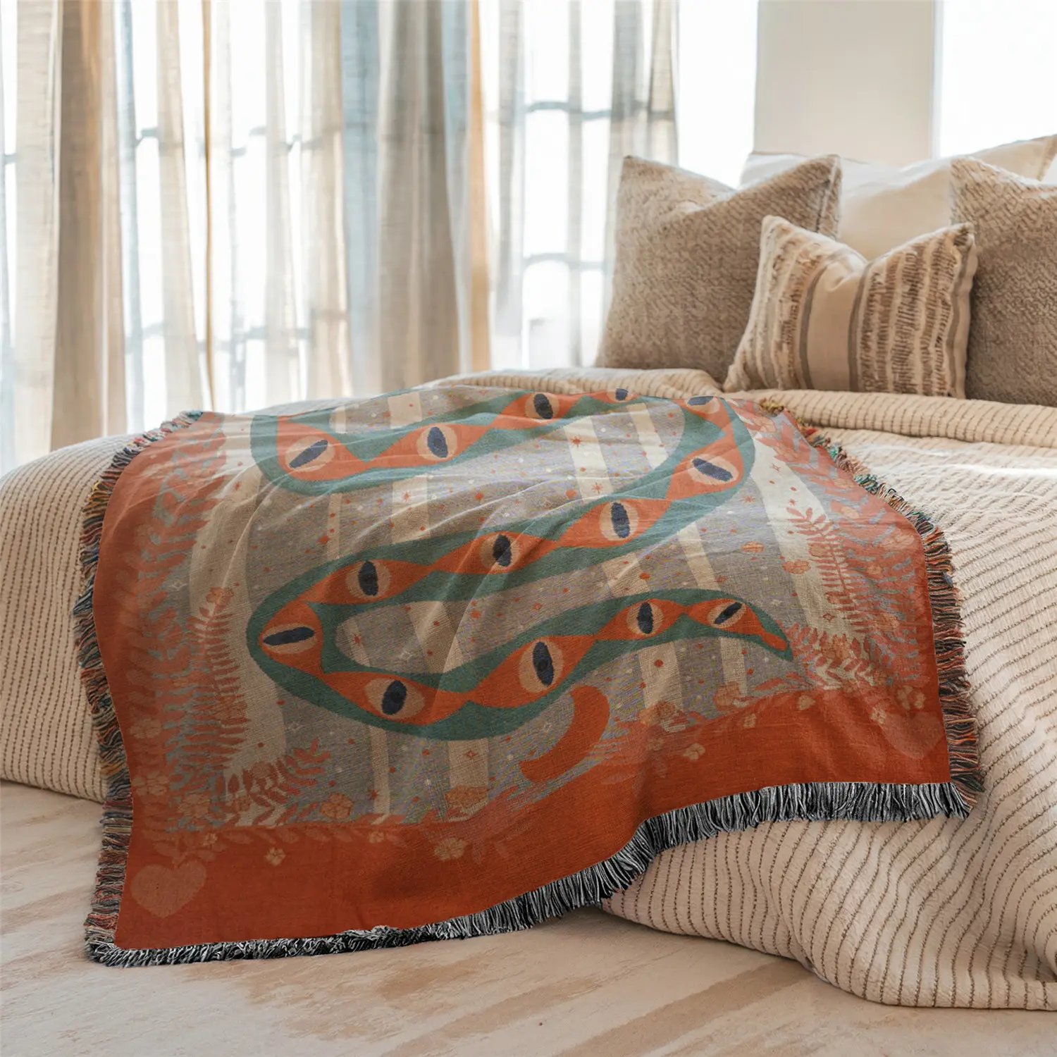 Multi-Function Tassel Woven Blanket Orange Snake Pattern Bed Blanket, Also for Sofa Cover, Couch Throw Blanket, Armchair, Home Decor, Cozy Throw Blanket, Blanket With Tassels