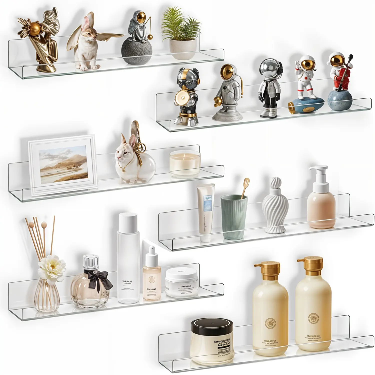 DEEZER Acrylic Floating Shelves Decor 15 Inch for Kids Bathroom Bedroom Living Room and Kitchen Durable Space Saving Decor Single Layer Acrylic Wall Decor Set with Pre-Drilled Holes and Installation Hardware Decorative