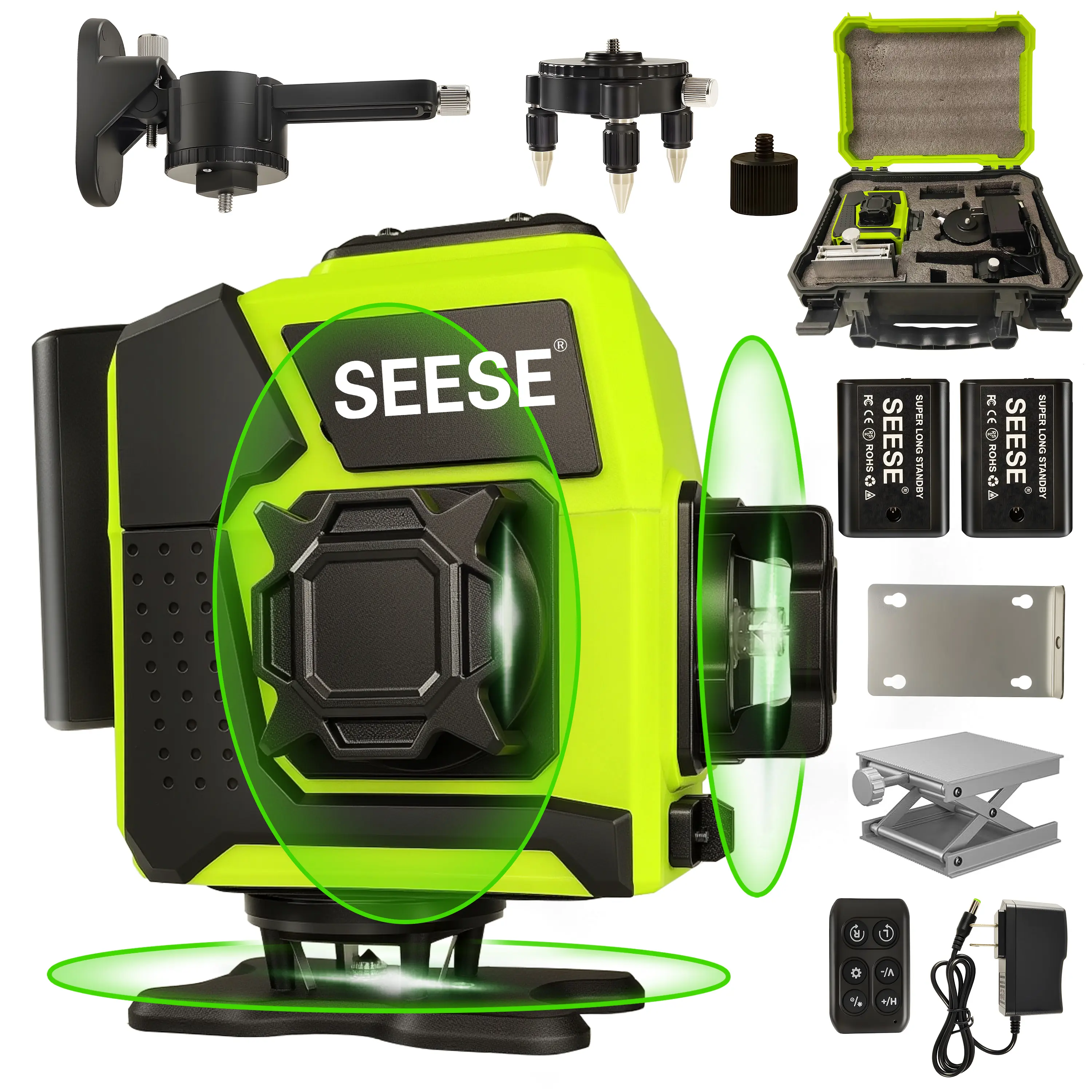 SEESE 12-Line Green Laser Level, 3x360° Self-Leveling, Remote Control, Dual Batteries, Full Accessories for Tile, Cabinet & Home Improvement