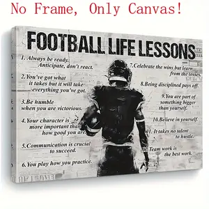 "Football Life Lessons" Motivational (Unframed) Canvas Wall Art - 12 Inspirational Sports Quotes Poster - Black & White Decor for Boys Room