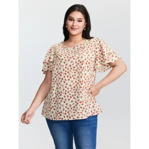 Women's Plus Size Floral Print Tiered Short-Sleeve Round Neck Blouse Shirt - Smooth Polyester Fabric Garment, Flattering Fit, Sizes M-6X, 2026 Summer Pick for Mothers, Deals Top Womenswear